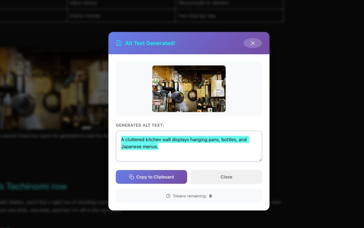 Chrome extension popup showing generated alt text and copy button