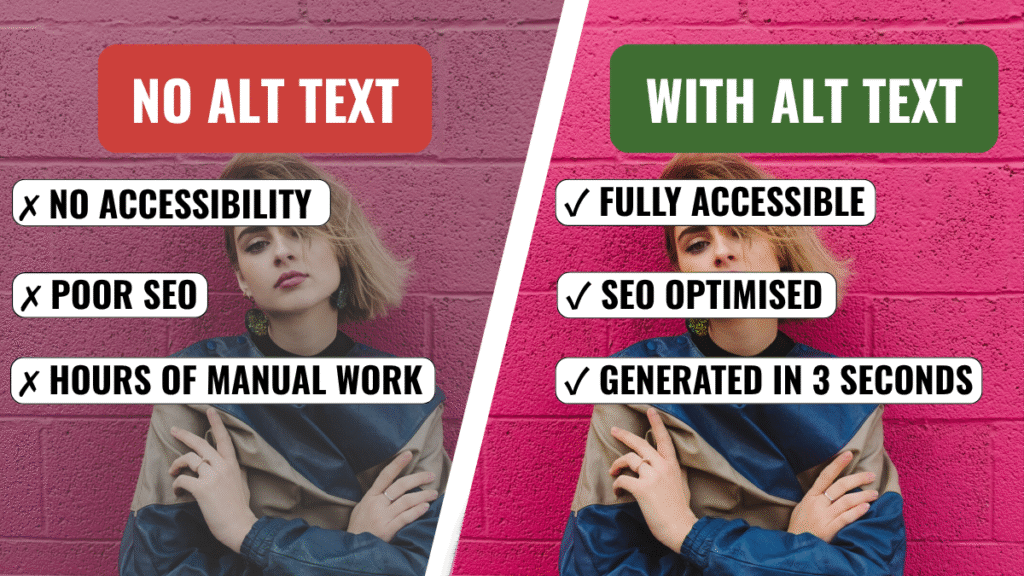 Split image comparing "NO ALT TEXT" with "WITH ALT TEXT" benefits, with a woman against a pink brick wall.