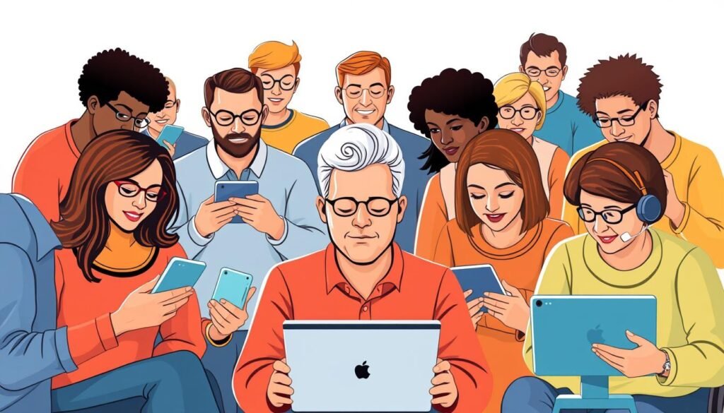 Diverse group of people using various devices and assistive technologies to access the same website, representing digital inclusion