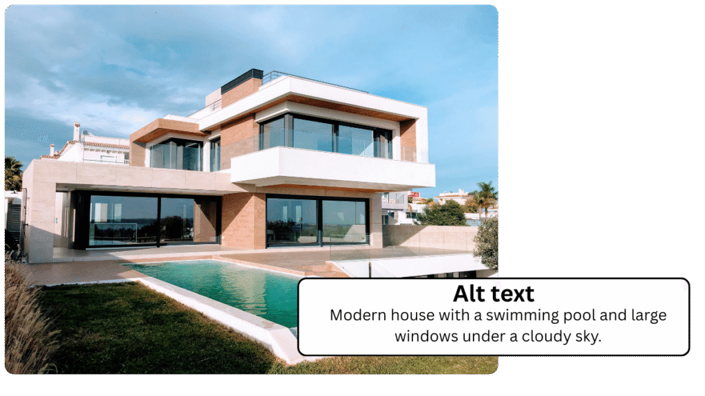 Modern house with a swimming pool and large windows under a cloudy sky.
