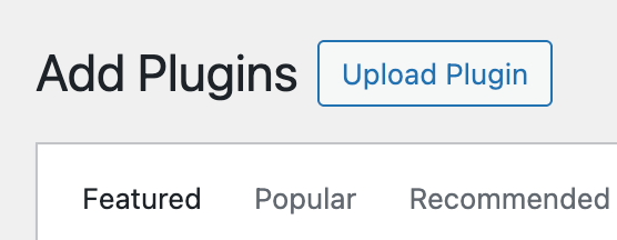 "Add Plugins" title with an "Upload Plugin" button and tabs for "Featured", "Popular", and "Recommended".