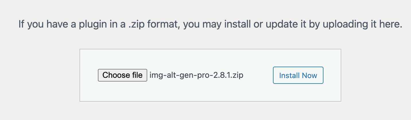 A button to choose a .zip file for plugin installation, with the filename "img-alt-gen-pro-2.8.1.zip" displayed next to it, and an "Install Now" button.