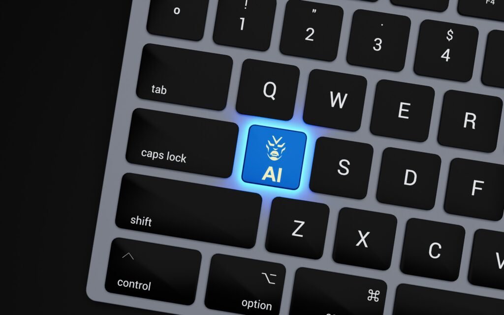 A glowing blue keyboard key labeled "AI" with a robotic face icon, representing AI technologies to boost website 2025.