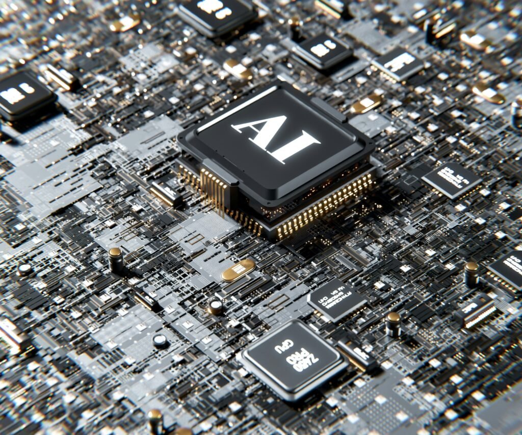 Close-up of a computer motherboard with an AI chip, illustrating AI technologies to boost website 2025.
