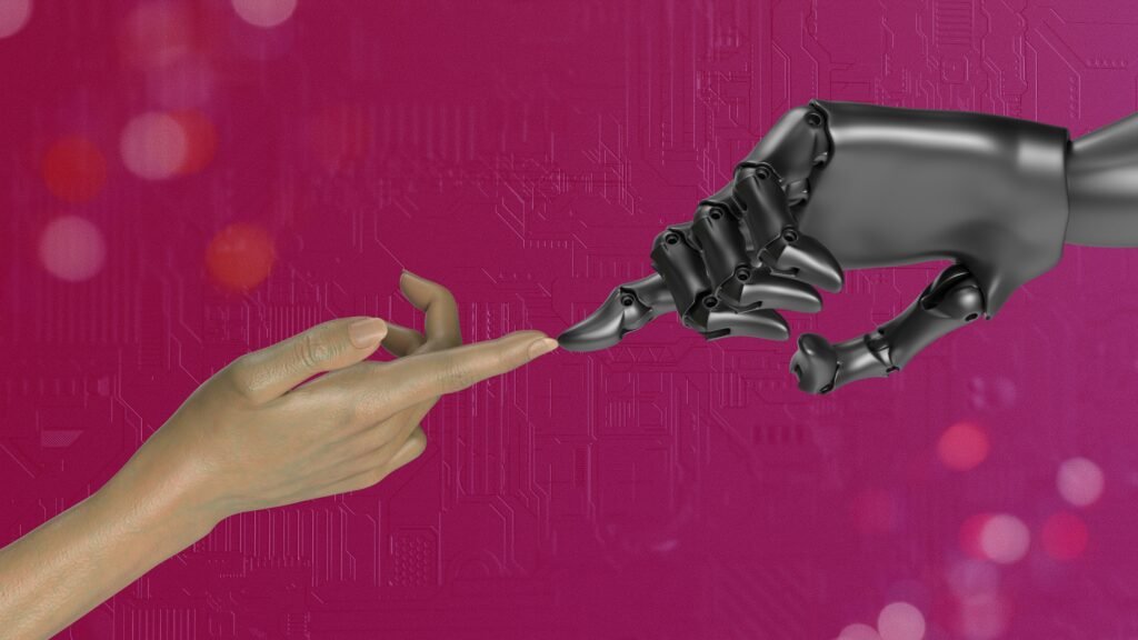 A human hand and a robotic hand touch fingertips against a textured pink background, symbolizing the integration of AI technologies to boost website 2025.
