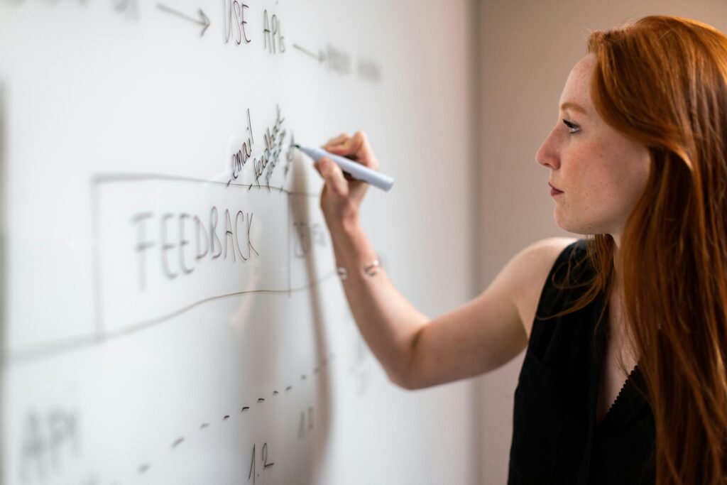 A woman with red hair writes on a whiteboard, detailing some of the best website tools and products 2025.