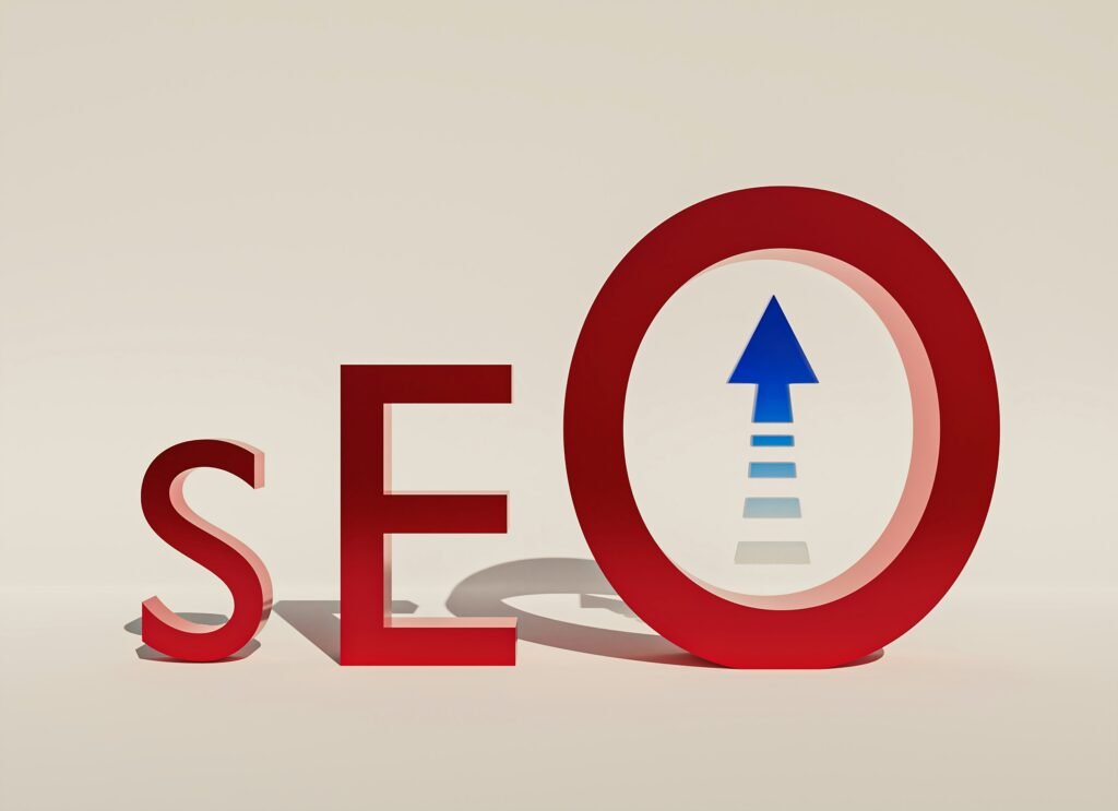 Red 3D letters spell "SEO" next to a red circle containing a blue upward arrow, representing the best website tools and products 2025.