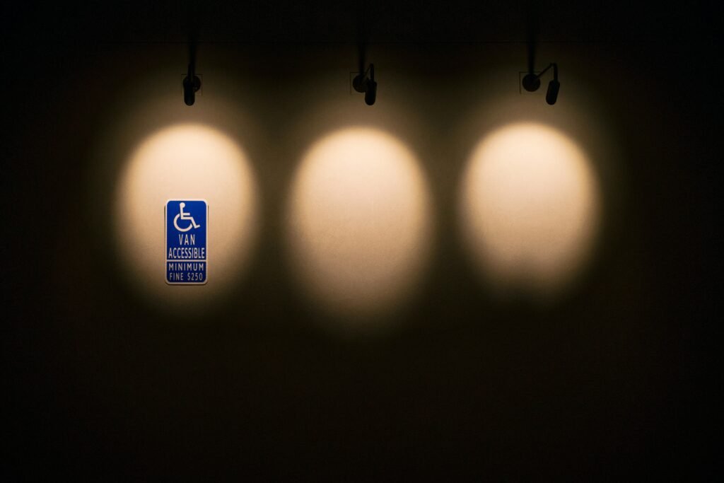 A blue and white sign for van accessible parking with a minimum fine of $250 is illuminated by spotlights on a dark wall.