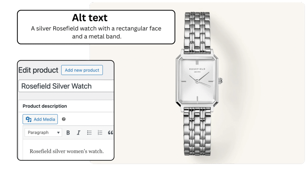 A silver Rosefield watch with a rectangular face and a metal band.