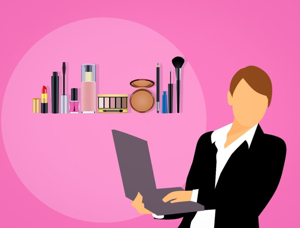 Woman in a suit holding a laptop with makeup items in a pink circle