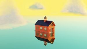 A red barn-like building with a dark roof sits on a reflective turquoise surface under a yellow sky with clouds